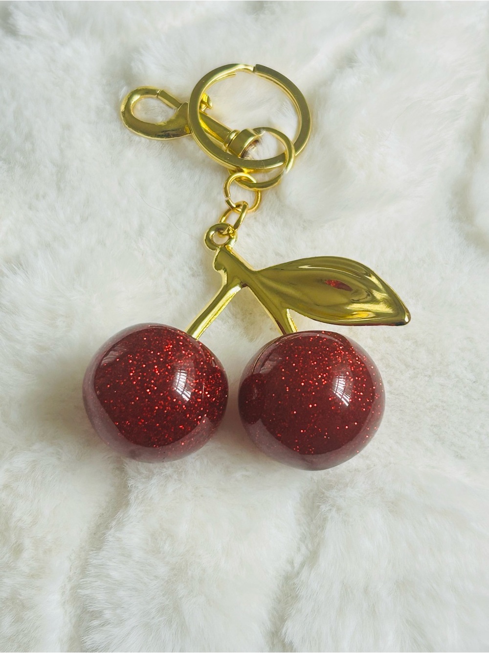 Gold Cherry Keychain with Red Glitter Charm